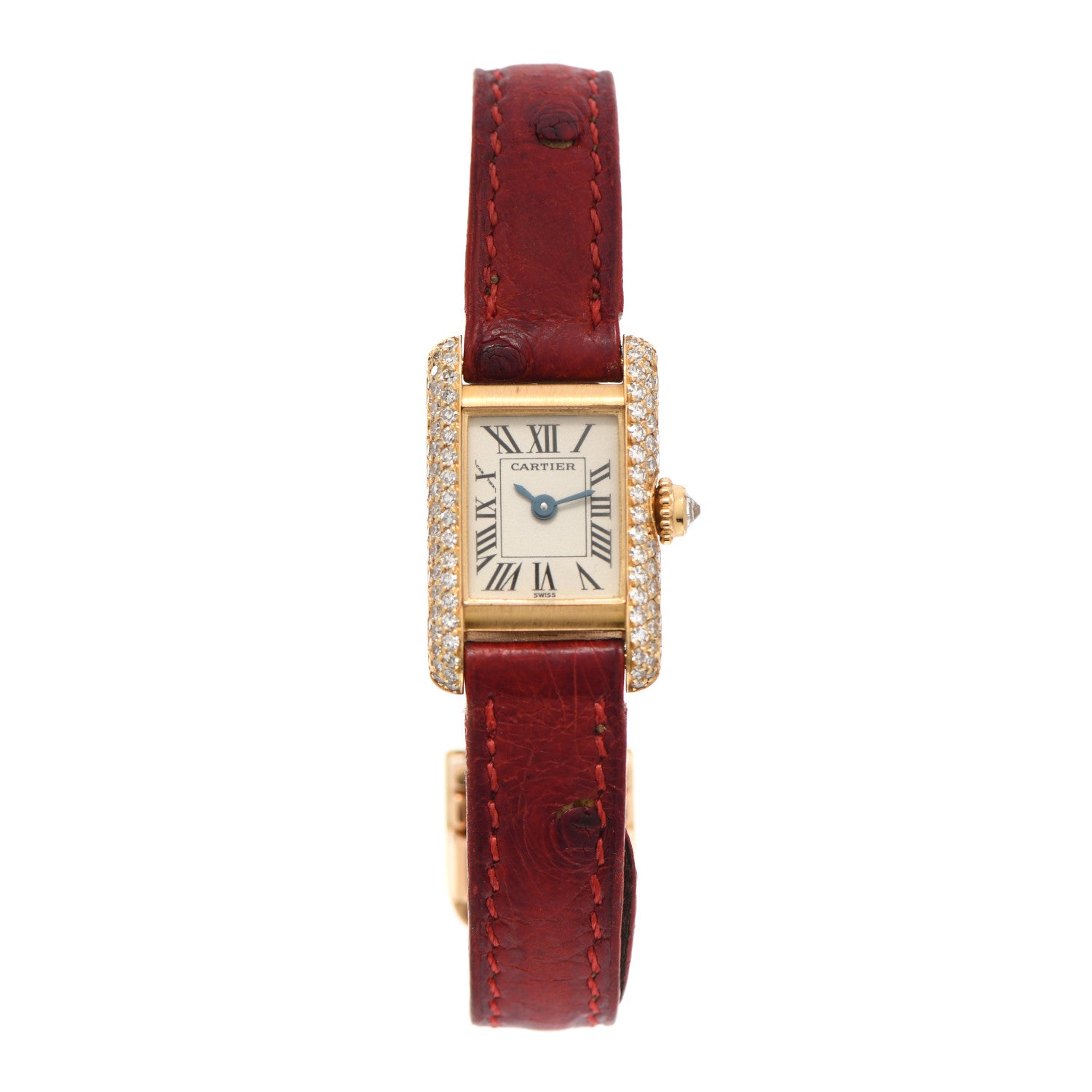 Cartier 18K Yellow Gold Ostrich Diamond19mm Tank Quartz Watch Red 1 of 6