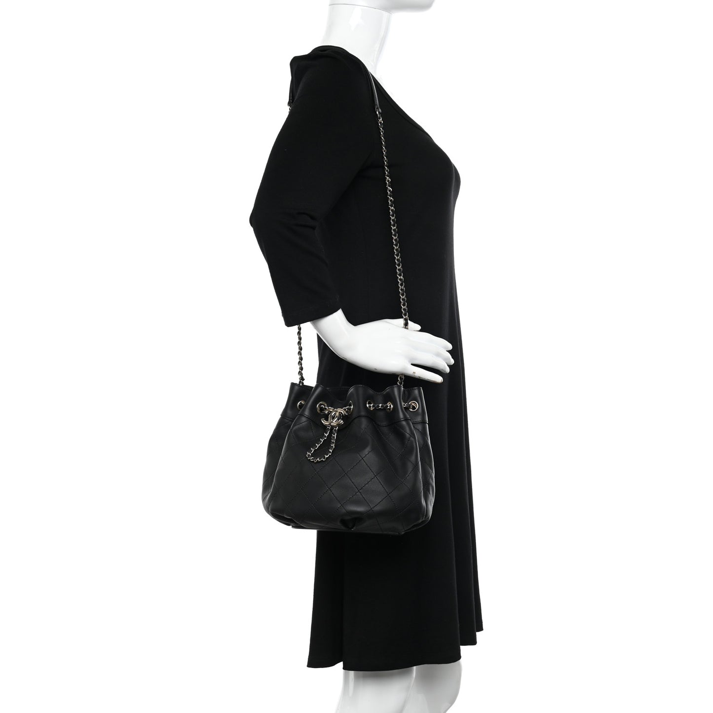 Calfskin Stitched Mini Drawstring CC Bag Black