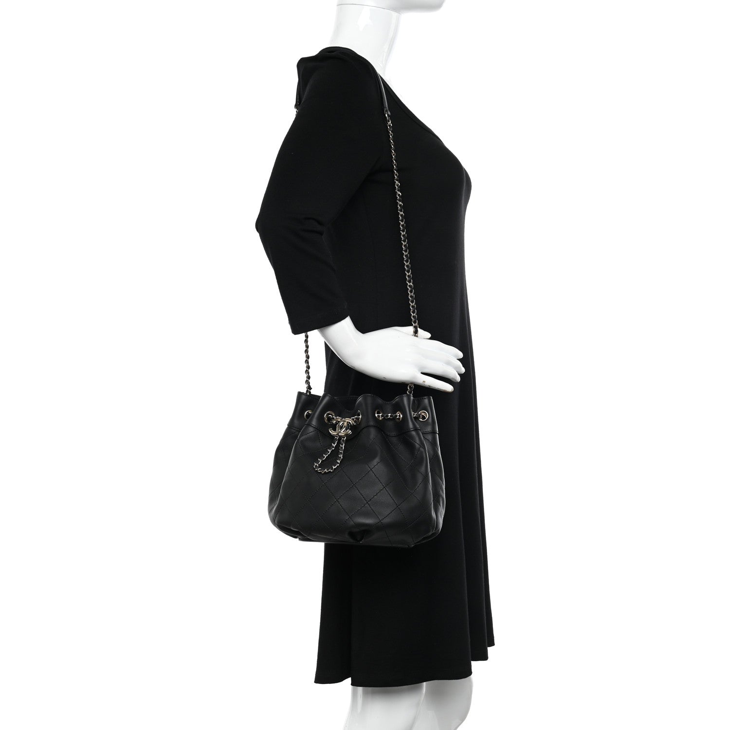 Chanel Calfskin Stitched Mini Drawstring CC Bag Black 2 of 10