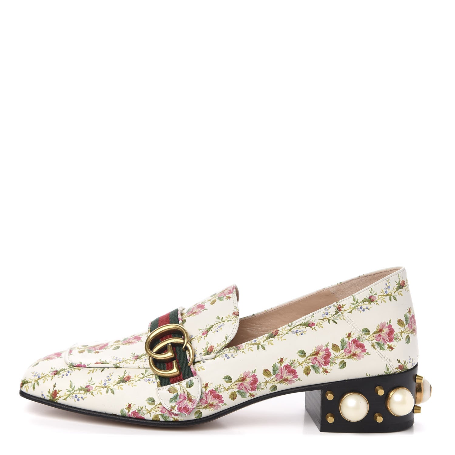 Gucci Calfskin Web Pearl Floral Embellished Peyton Loafer 40 White Multicolor 1 of 9