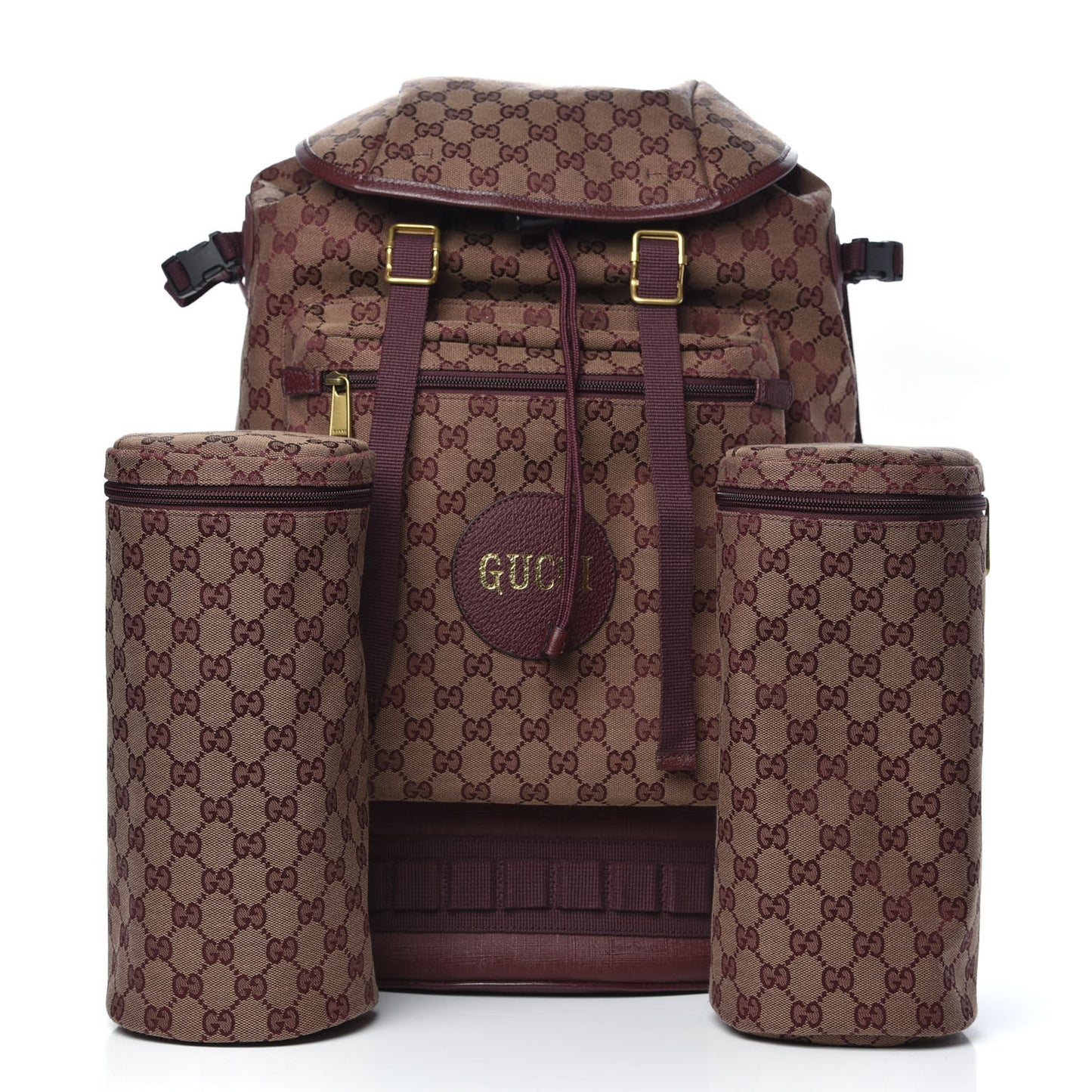 GG Monogram Script Logo Large Double Pocket Backpack Sahara Rubino Bordeaux