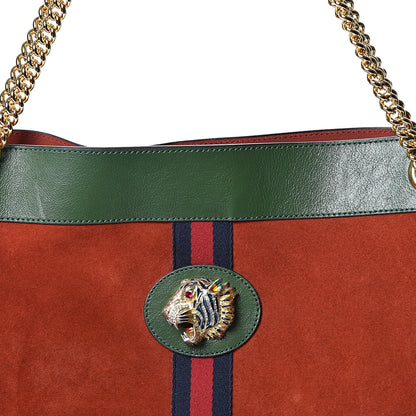 Gucci Suede Calfskin Large Rajah Chain Tote Hibiscus Red Green 7 of 10