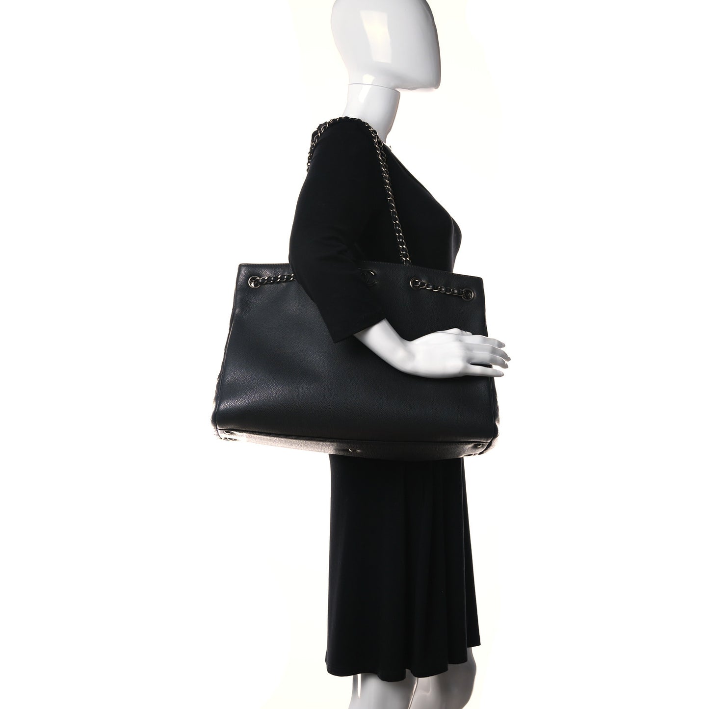 Calfskin Woven Chain Large Shopping Bag Black