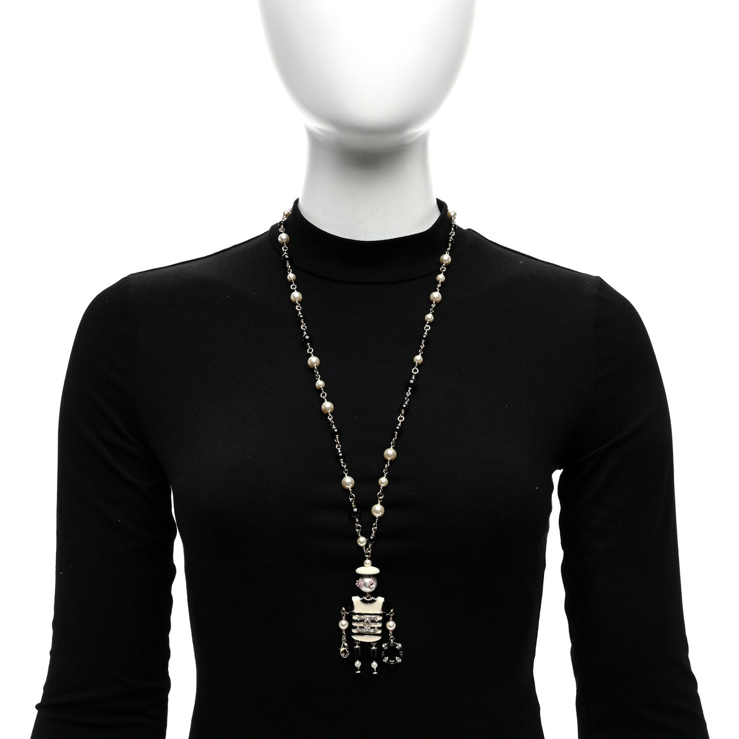 Enamel Crystal Pearl Hambourg Sailor Doll Long Necklace Black White