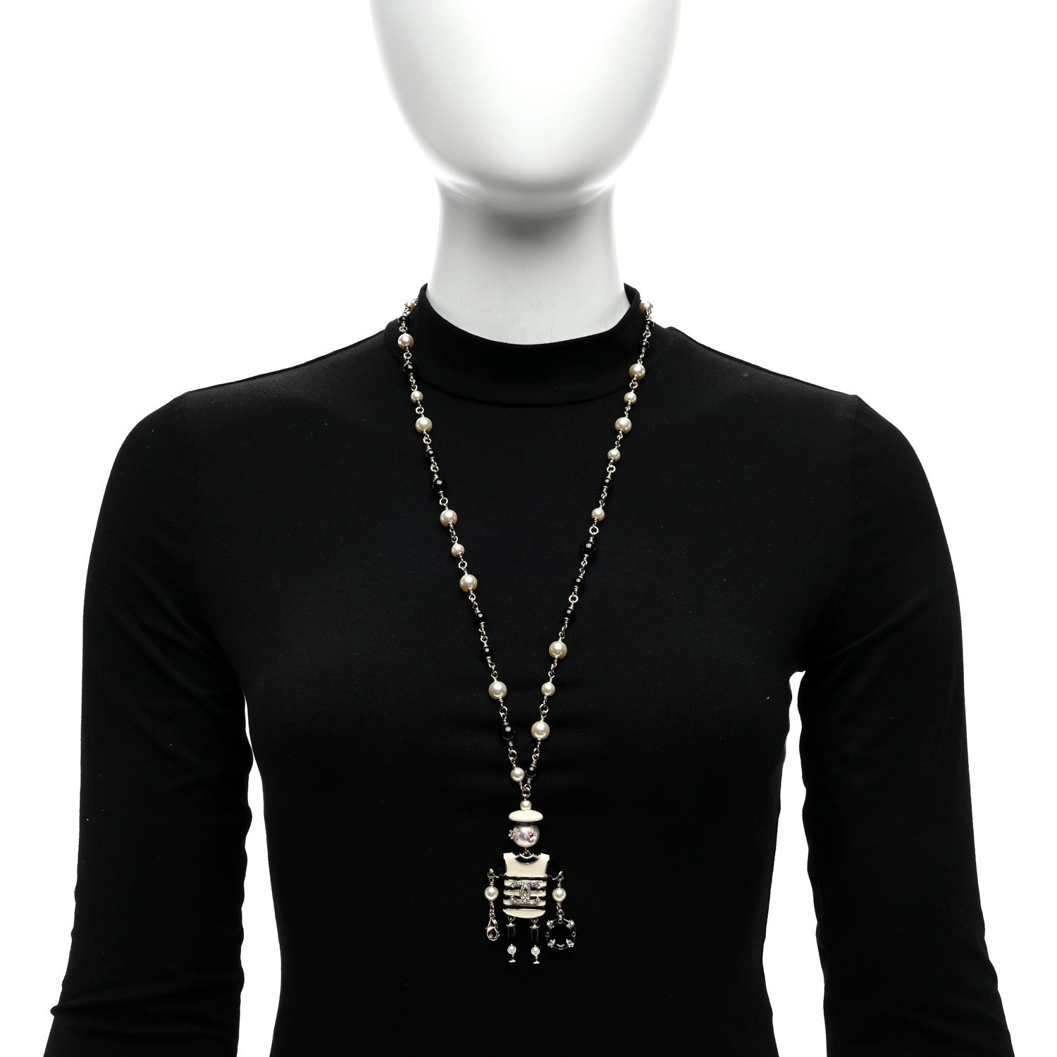Chanel Enamel Crystal Pearl Hambourg Sailor Doll Long Necklace Black White 2 of 5