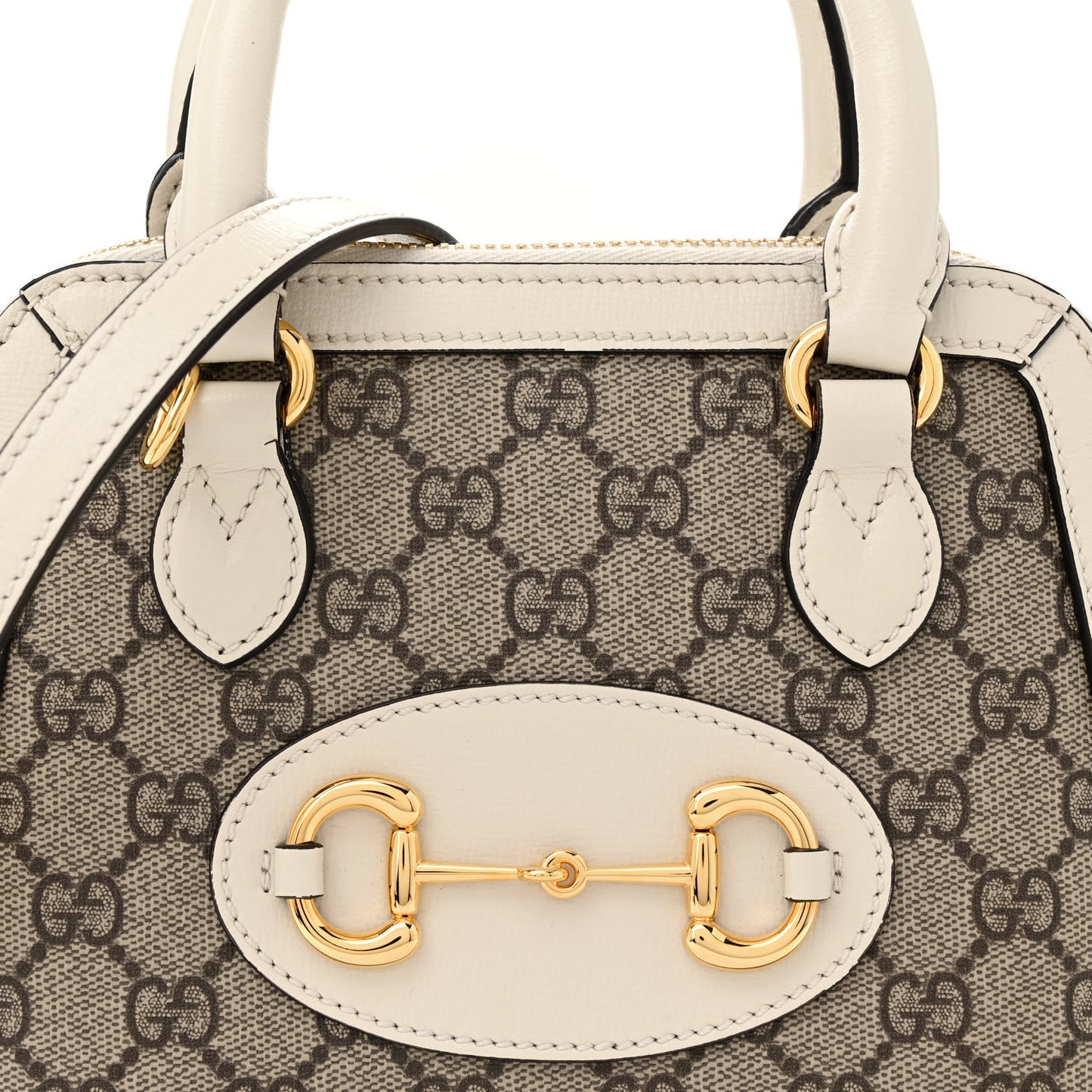 GG Supreme Monogram Azalea Calfskin Mini Horsebit 1955 Top Handle Bag Beige Ebony Mystic White