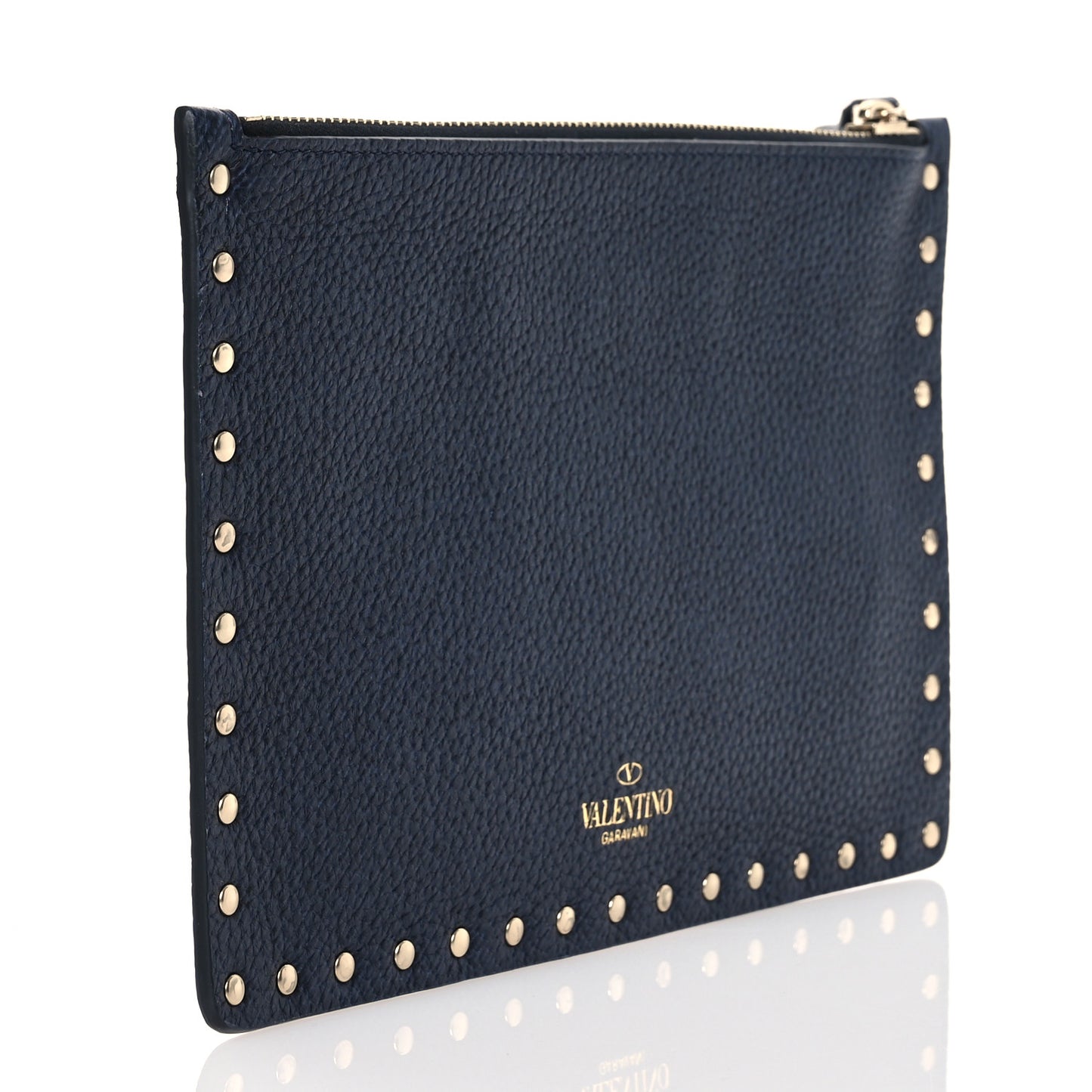 Grained Calfskin Medium Rockstud Zip Pouch Deep Denim