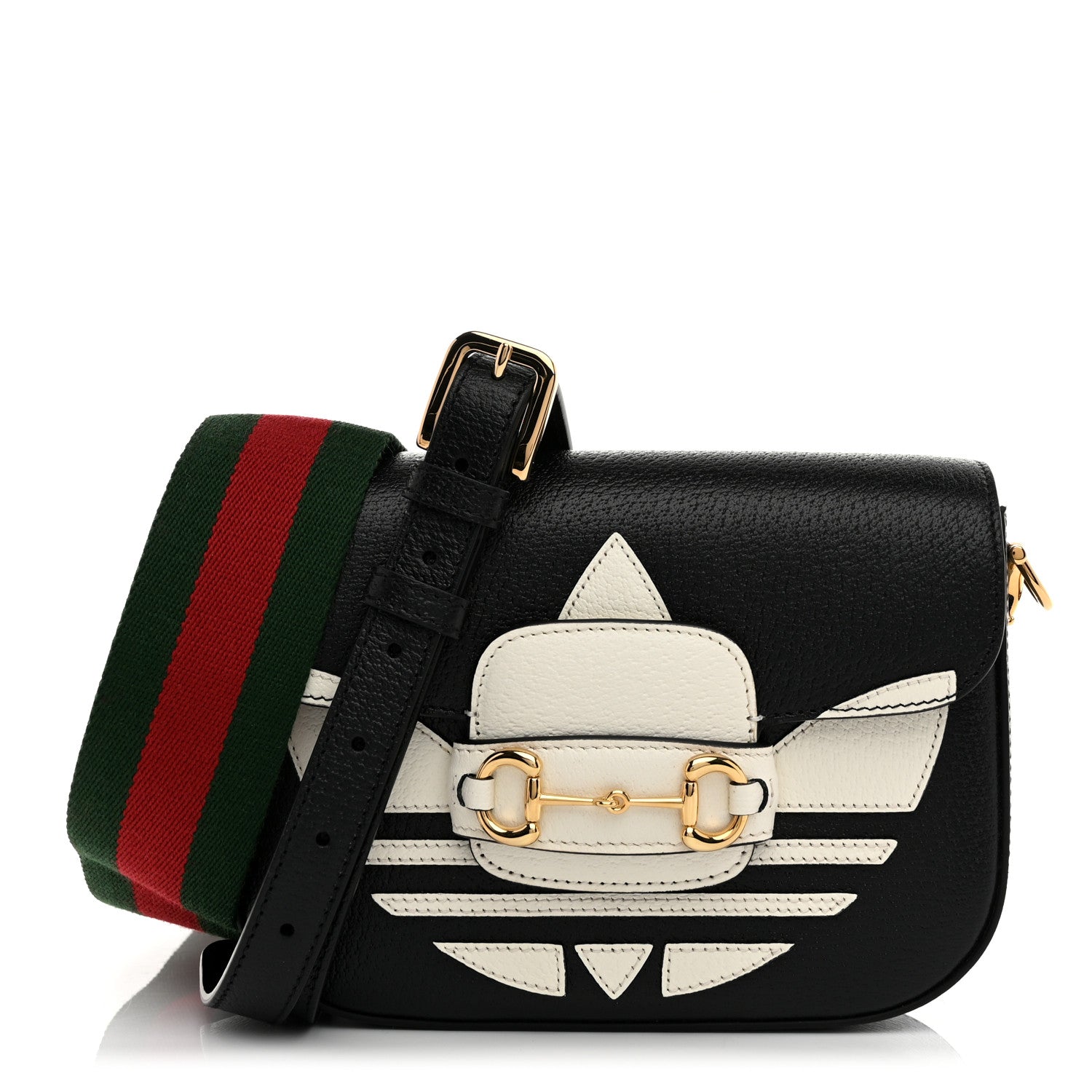 Gucci X ADIDAS Textured Dollar Calfskin Web Trefoil Mini Horsebit 1955 Shoulder Bag Black Off White 1 of 12