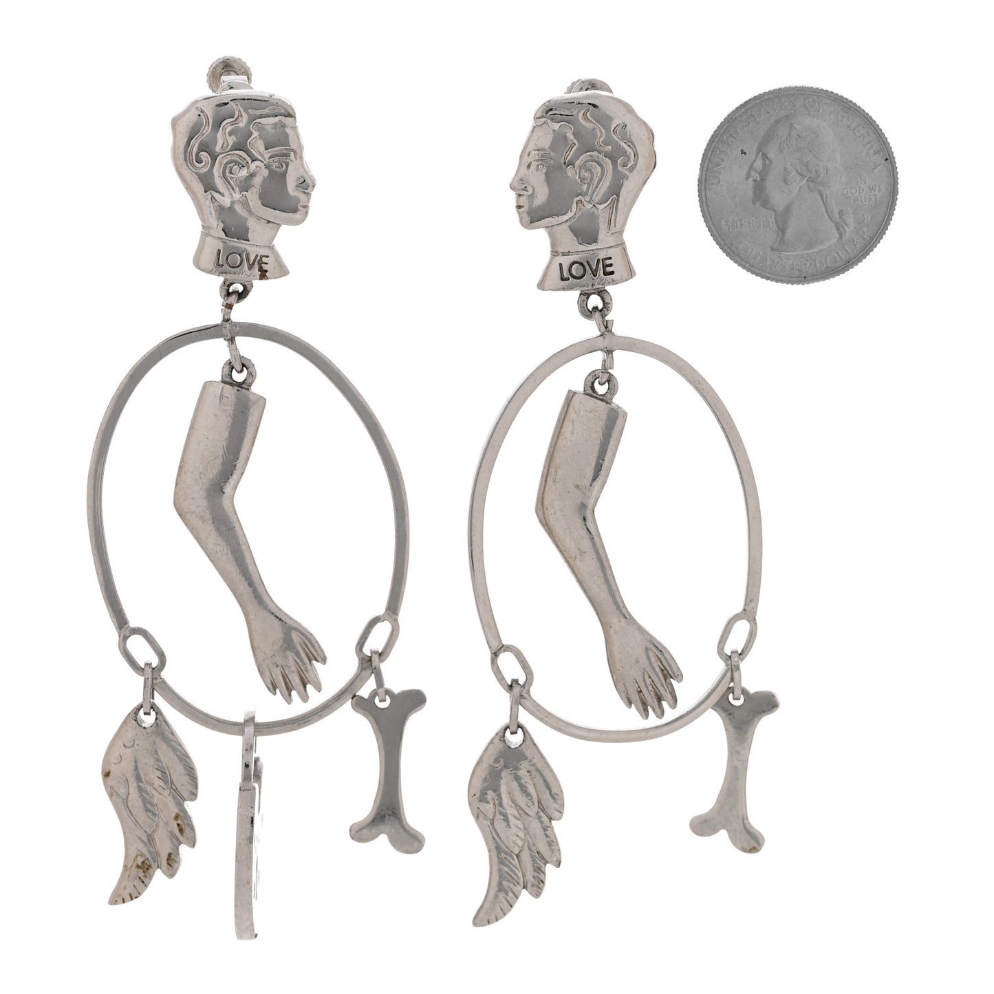Metal Multi Charm Oval Clip On Drop Earrings Silver