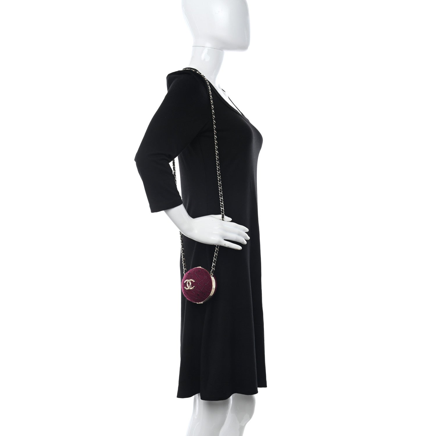 Chanel Tweed Minaudiere Round Chain Clutch Burgundy Black 2 of 11