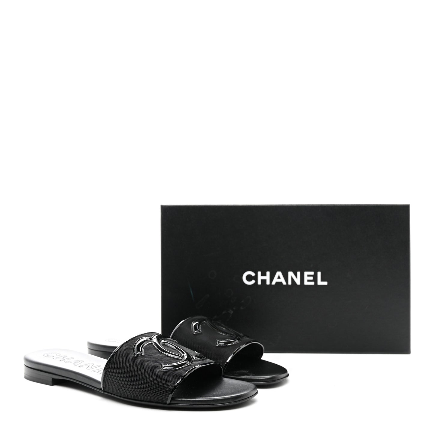 Mesh Patent Calfskin CC Mules 38 Black