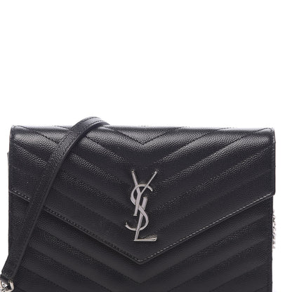 Saint Laurent Grain De Poudre Matelasse Chevron Monogram Envelope Chain Wallet Black 11 of 11