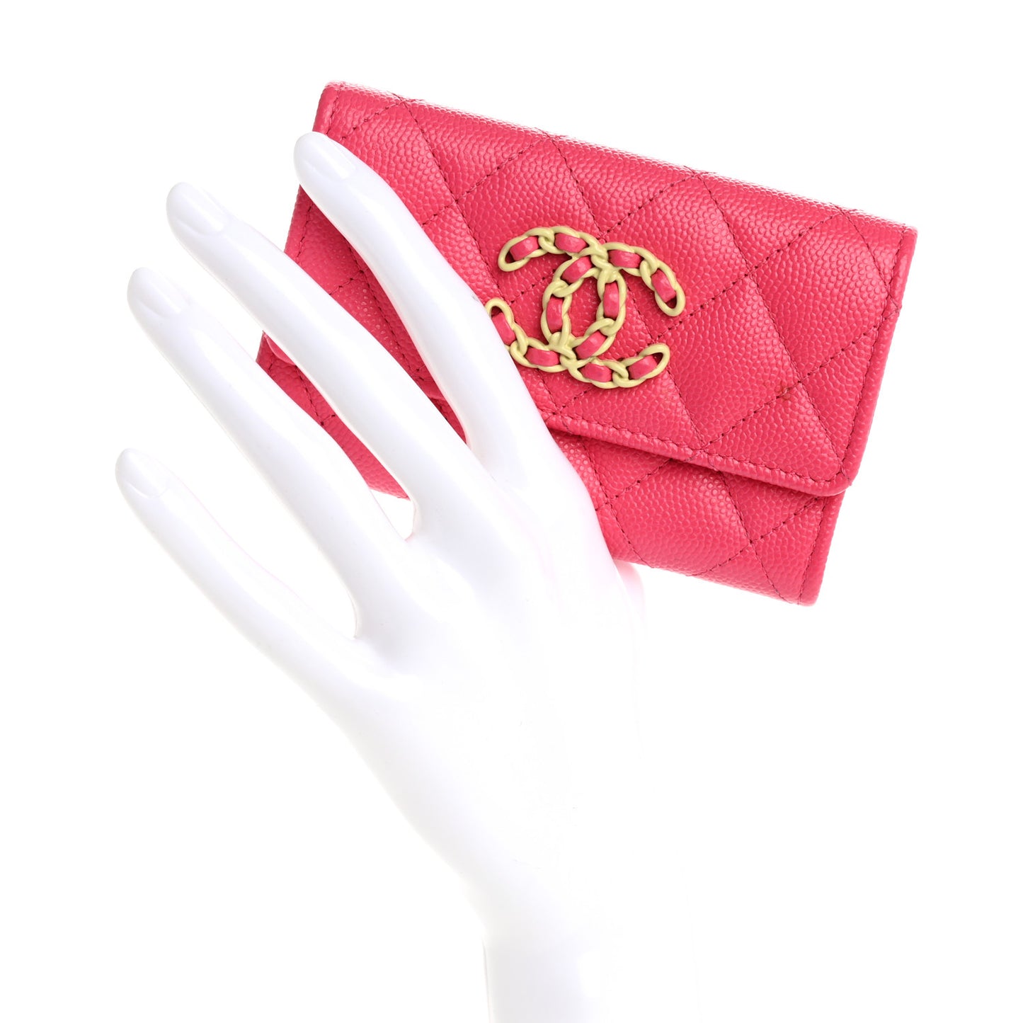 Caviar Quilted Chanel 19 Flap Card Holder Wallet Dark Pink