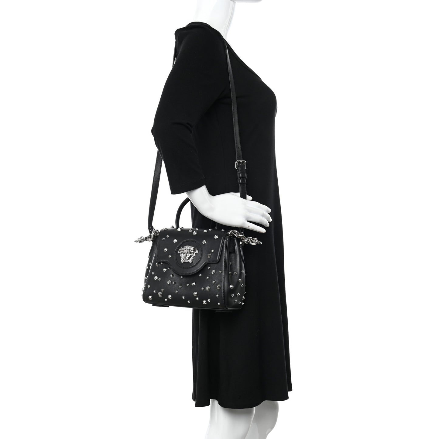 Grained Calfskin Spiked Small La Medusa Top Handle Bag Black