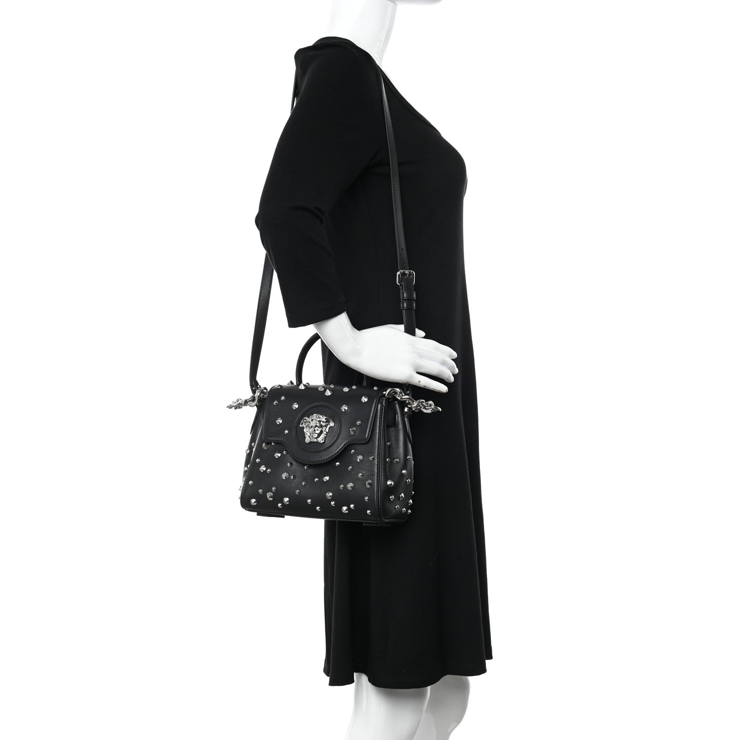 Versace Grained Calfskin Spiked Small La Medusa Top Handle Bag Black 2 of 13