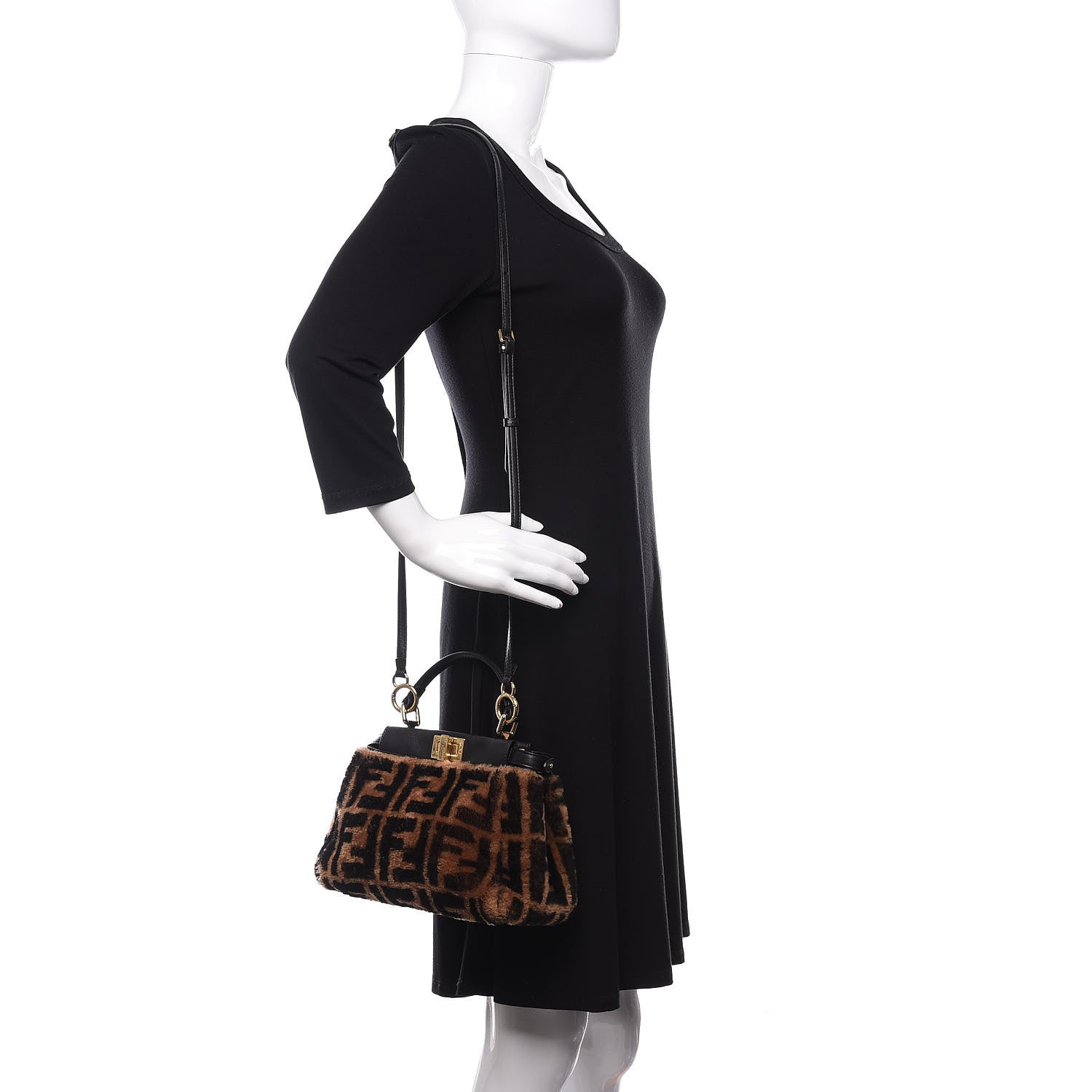 Fendi Shearling Nappa Macro FF 1974 Mini Peekaboo Iconic Satchel Tobacco Black 2 of 14