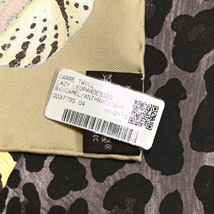 Hermes Silk Twill Lazy Leopardesses Scarf 90 Camel Anthracite 3 of 6