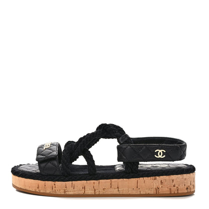 Chanel Cord Lambskin Quilted Logo Sandals 38 Black 1 of 8