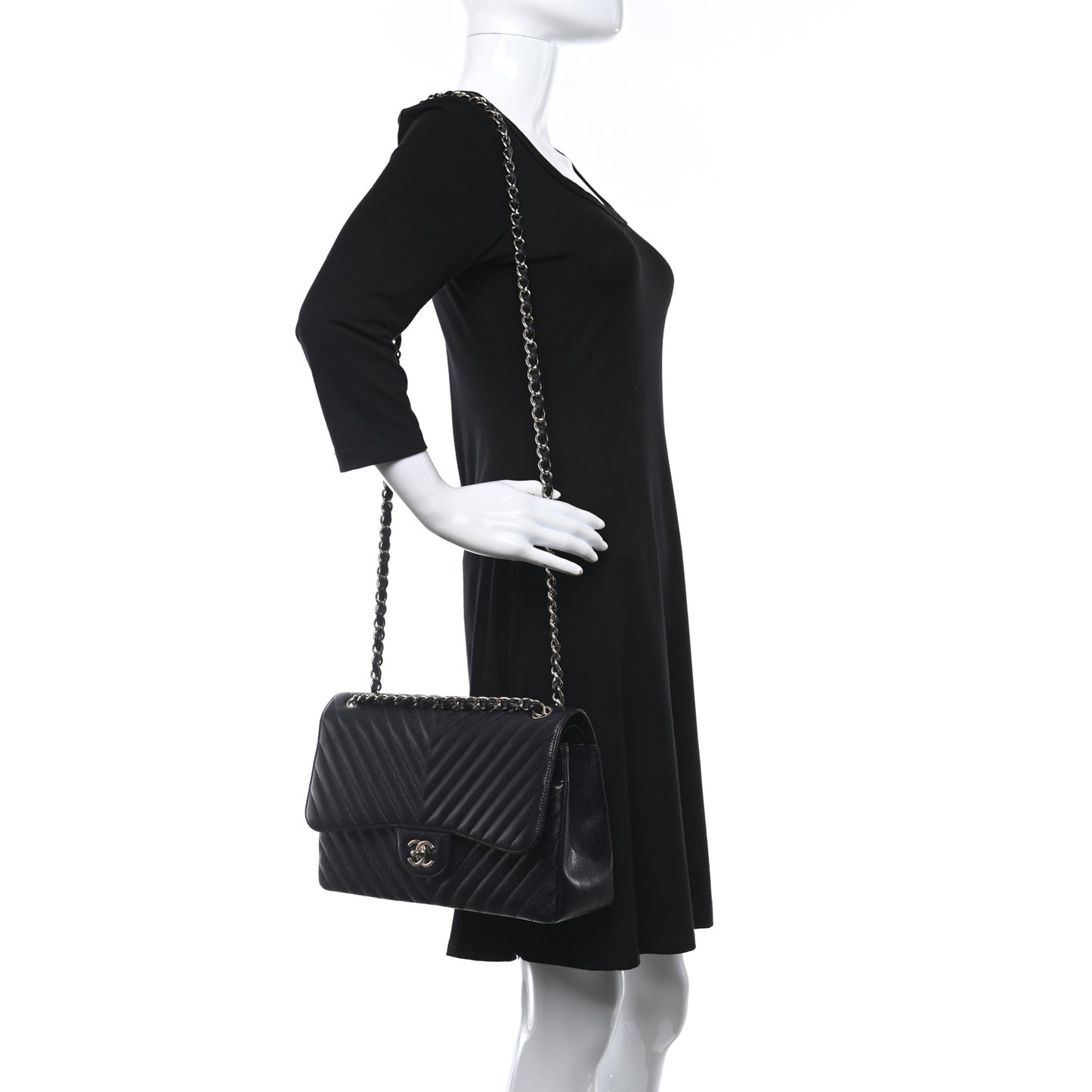 Caviar Chevron Quilted Jumbo Double Flap Navy