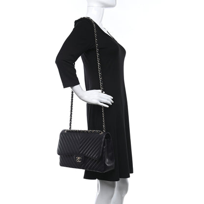 Chanel Caviar Chevron Quilted Jumbo Double Flap Navy 2 of 12
