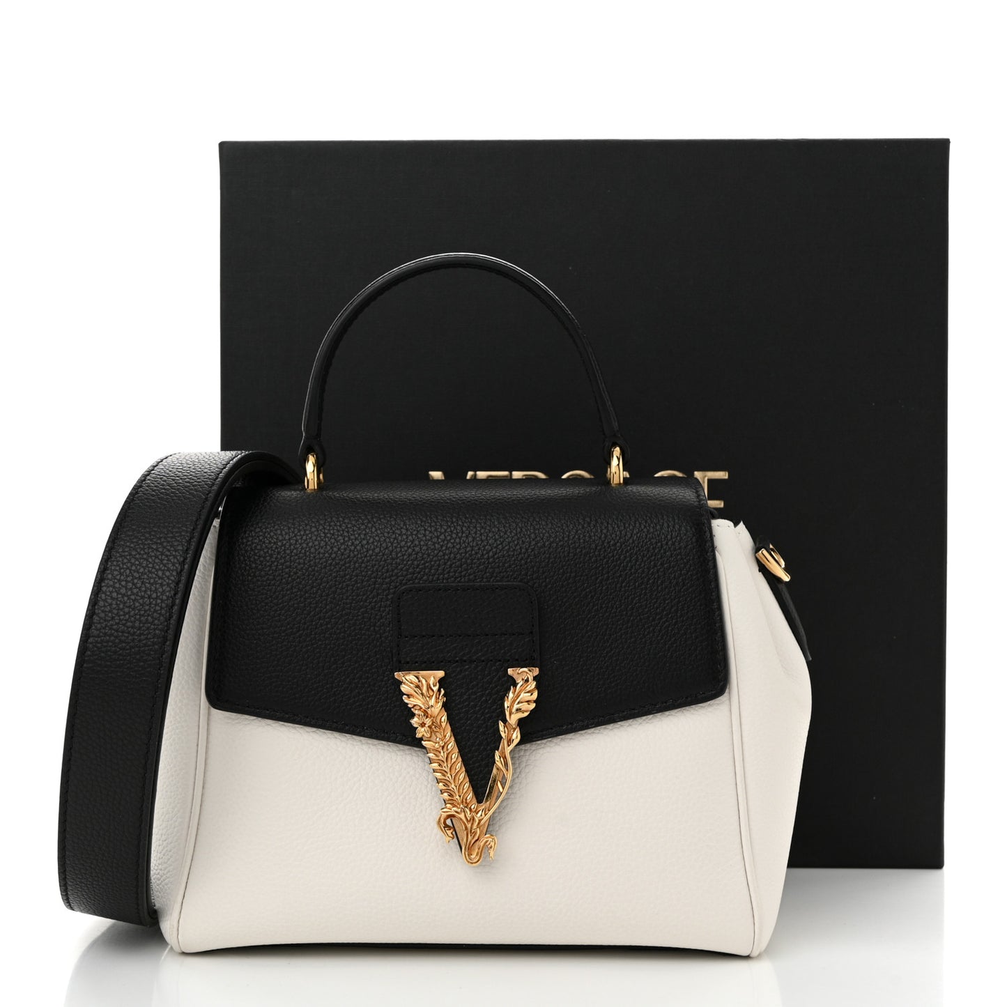 Grainy Calfskin Virtus Small Top Handle Bag White Black