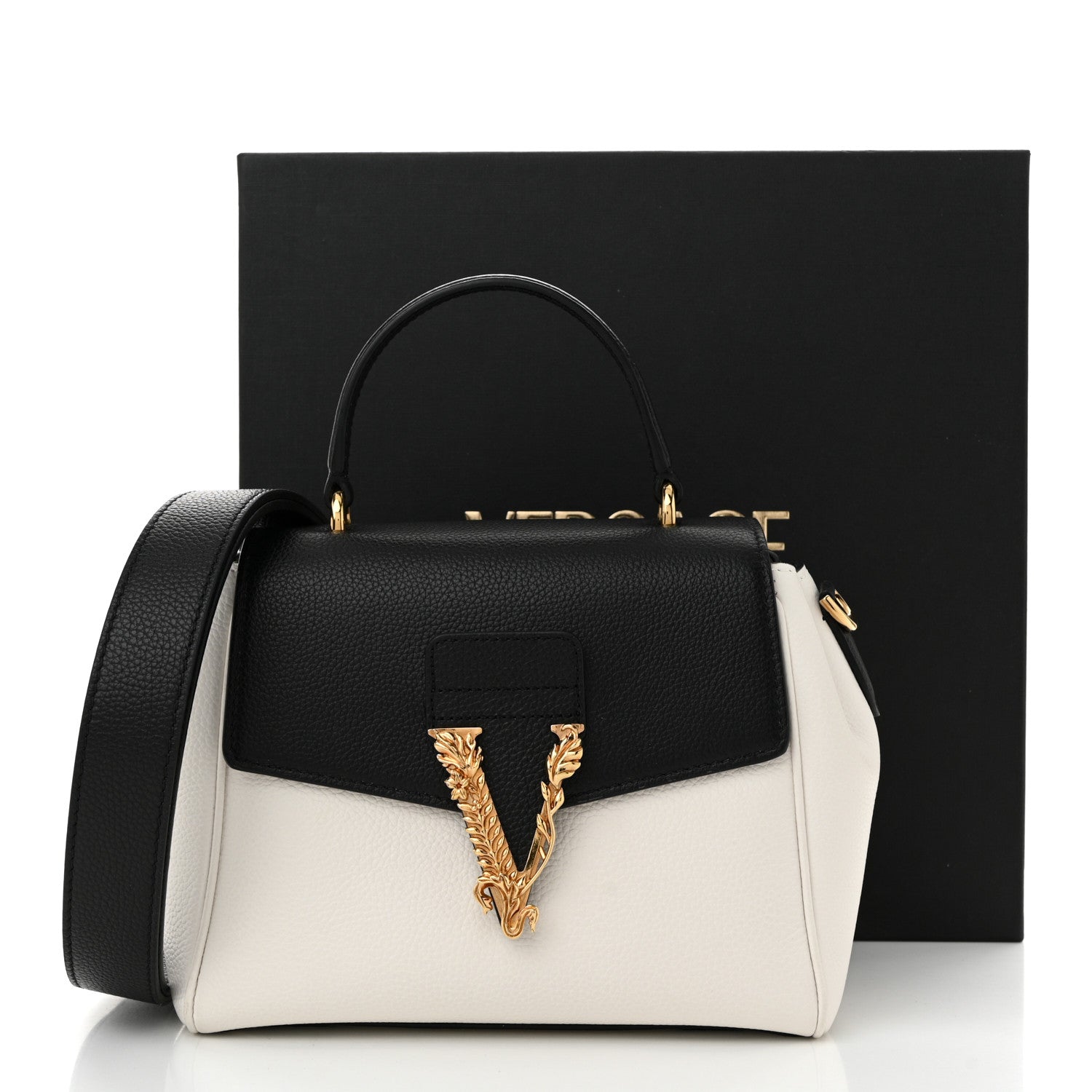 Versace Grainy Calfskin Virtus Small Top Handle Bag White Black 10 of 10