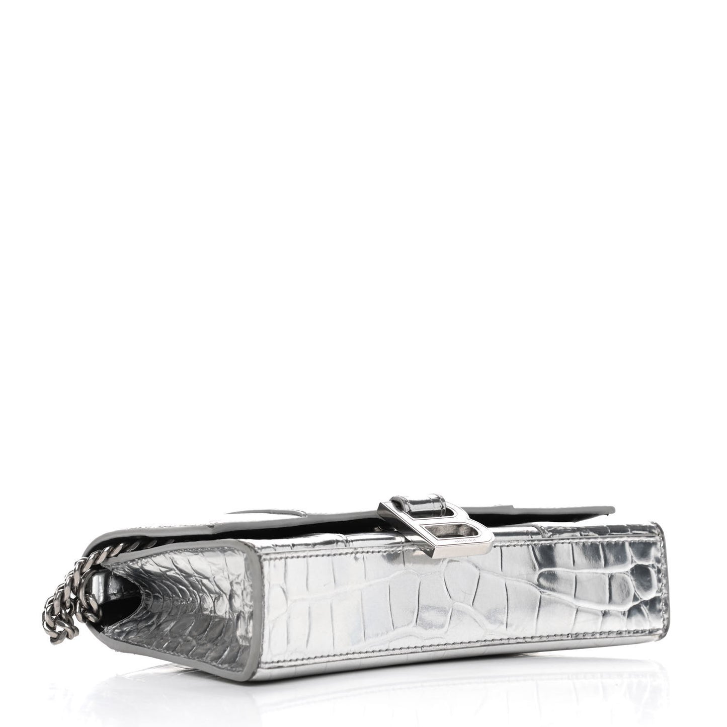 Metallic Calfskin Crocodile Embossed Hourglass Chain Bag Silver