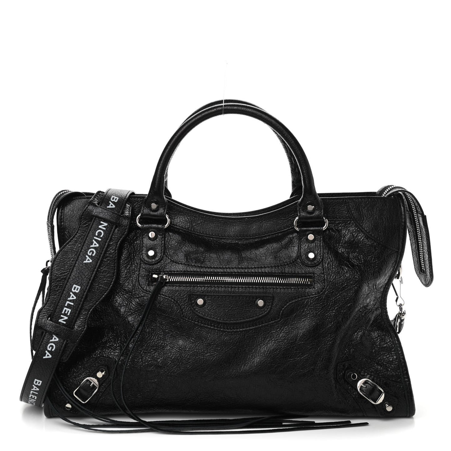 Agneau Classic Silver Hardware City Logo Strap Black White