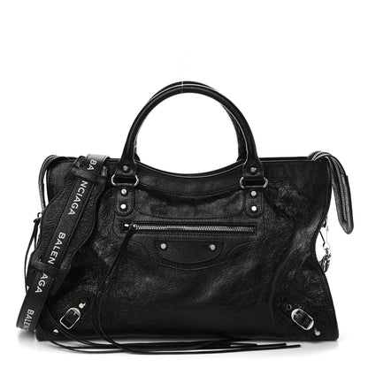 Balenciaga Agneau Classic Silver Hardware City Logo Strap Black White 1 of 10
