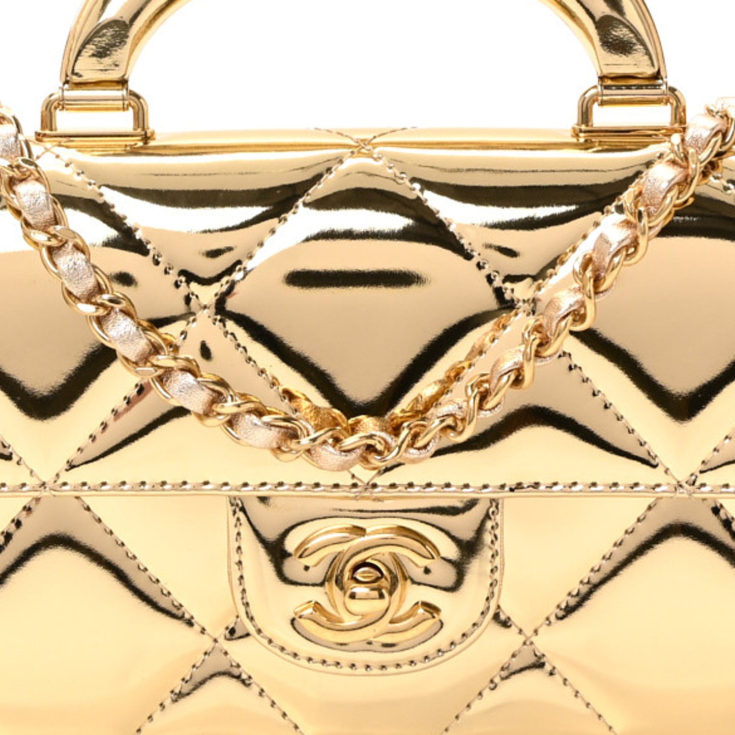 Metallic Mirror Calfskin Large Top Handle Clutch With Chain Light Gold