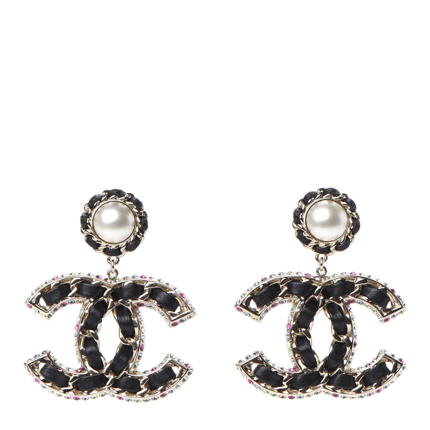 Lambskin Crystal Pearl CC Drop Earrings Gold Pearly White Black Multicolor