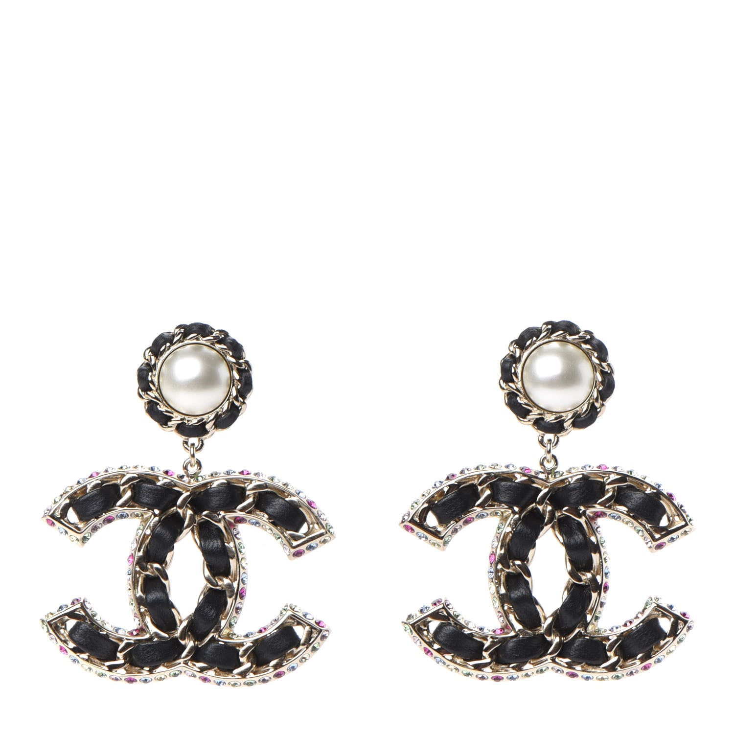Chanel Lambskin Crystal Pearl CC Drop Earrings Gold Pearly White Black Multicolor 1 of 4