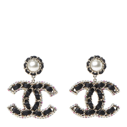 Chanel Lambskin Crystal Pearl CC Drop Earrings Gold Pearly White Black Multicolor 1 of 4