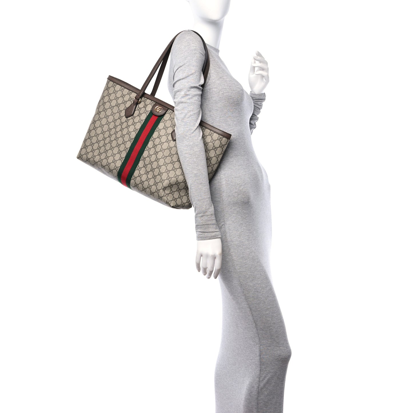GG Supreme Monogram Textured Calfskin Web Medium Ophidia Shopping Tote Beige Ebony New Acero