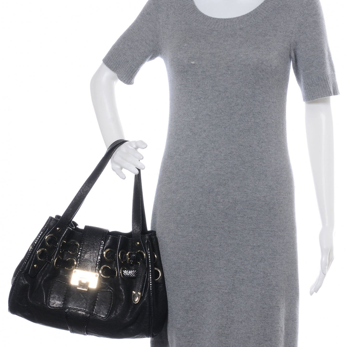 Leather Watersnake Trim Riki Tote Bag Black