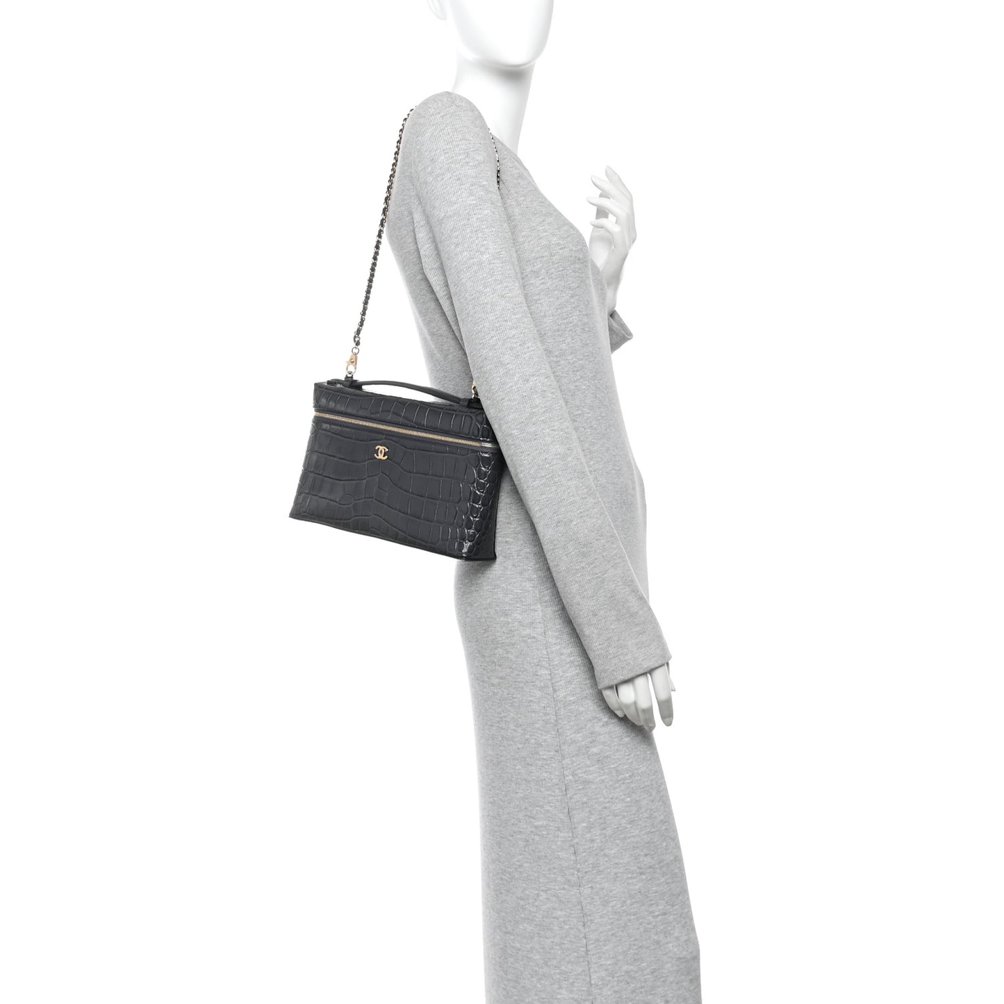 Calfskin Crocodile Embossed Top Handle Vanity Case With Chain Black Grey