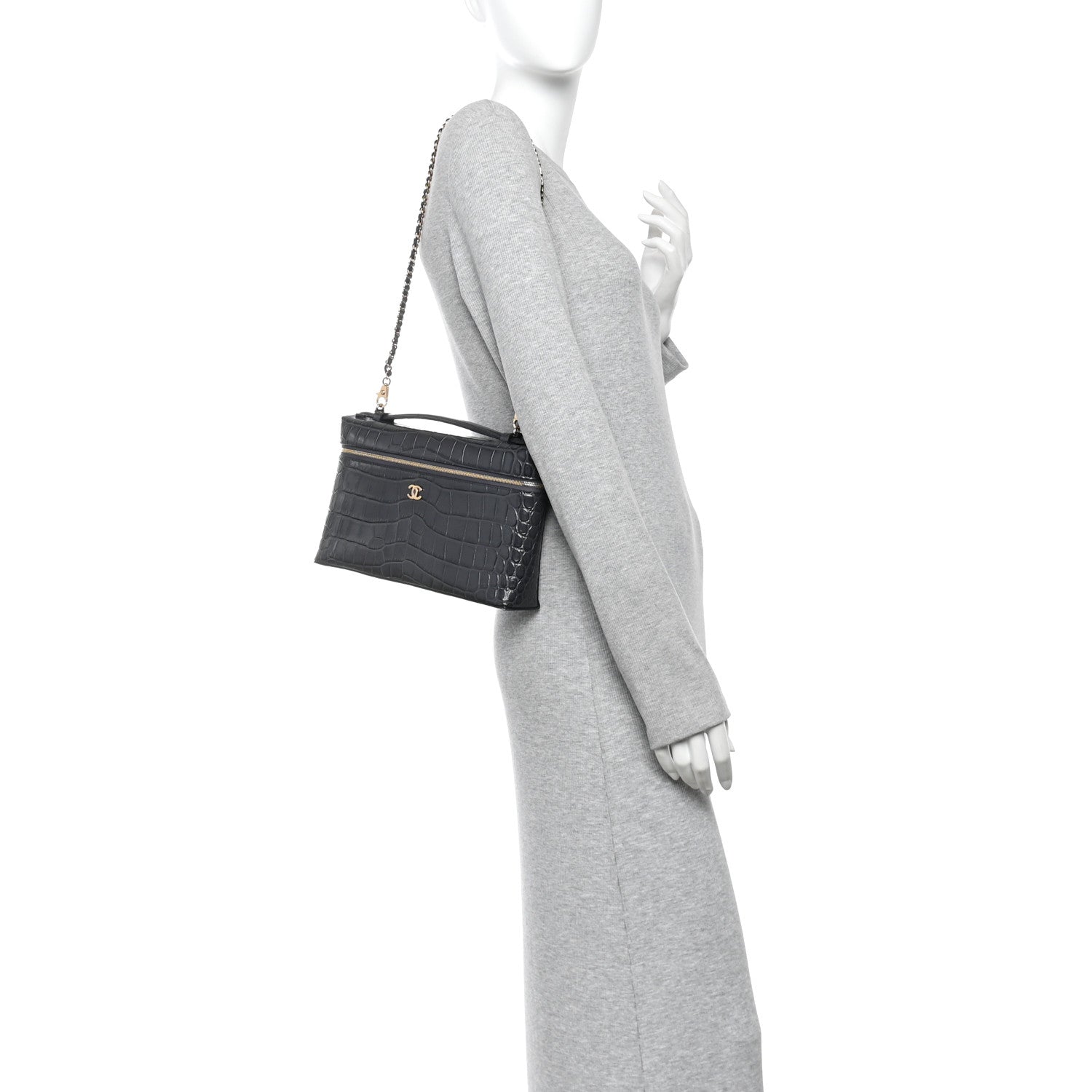 Chanel Calfskin Crocodile Embossed Top Handle Vanity Case With Chain Black Grey 2 of 11