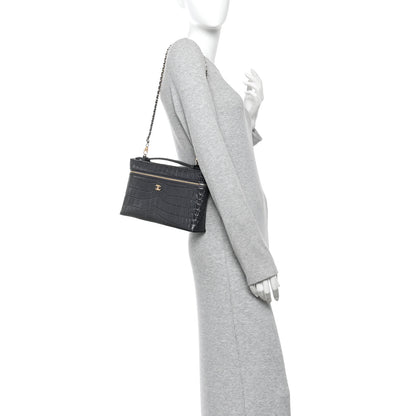 Chanel Calfskin Crocodile Embossed Top Handle Vanity Case With Chain Black Grey 2 of 11