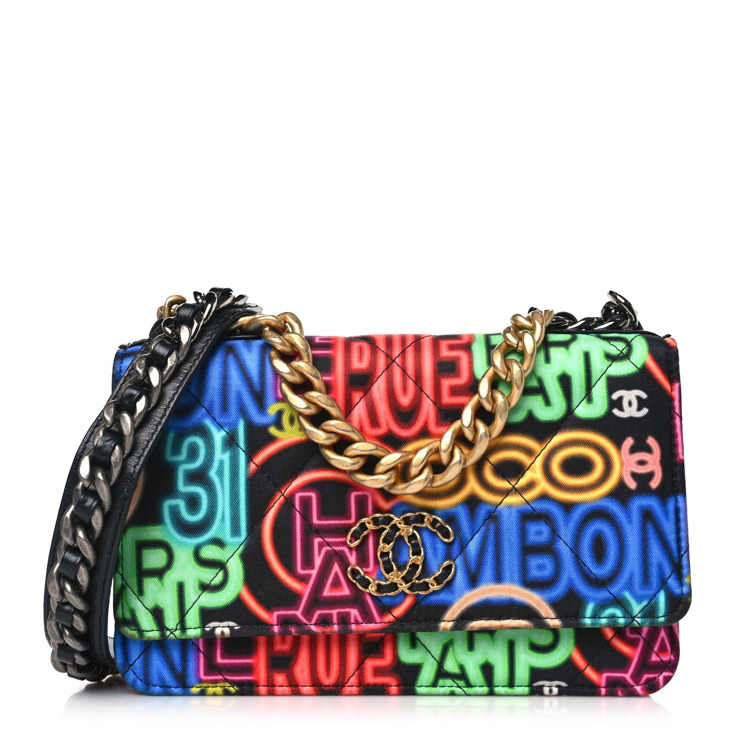 Fabric Printed Chanel 19 Wallet On Chain WOC Black Multicolor