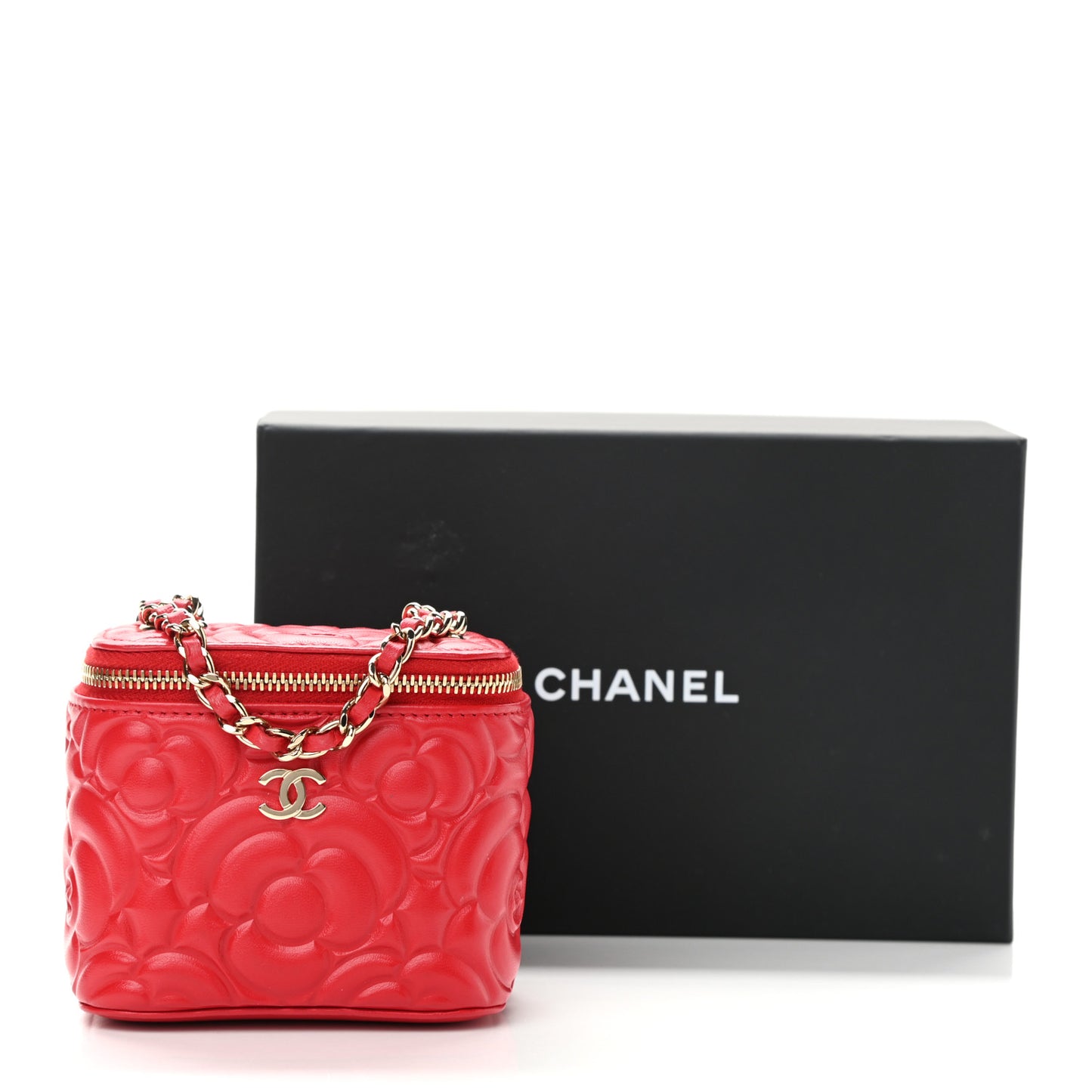 Lambskin Camellia Embossed Mini Vanity Case With Chain Red