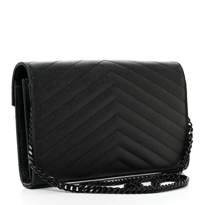 Saint Laurent Grain De Poudre Matelasse Chevron Monogram Monochrome Chain Wallet Black 2 of 10