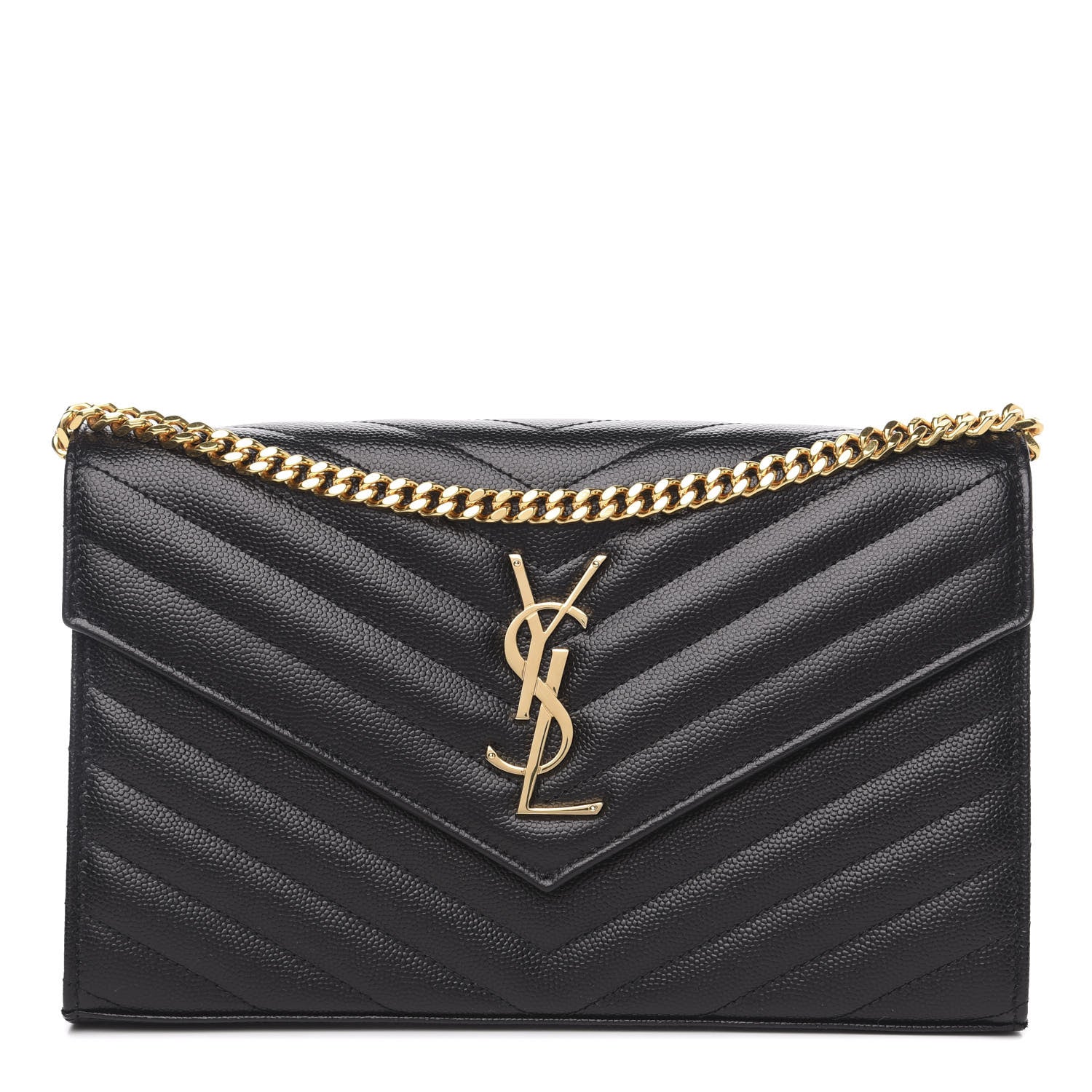 Saint Laurent Grain De Poudre Matelasse Chevron Monogram Chain Wallet Black 1 of 8