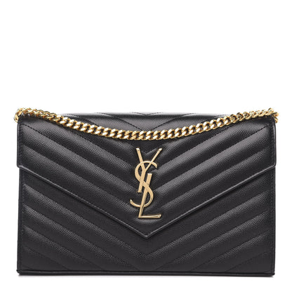 Saint Laurent Grain De Poudre Matelasse Chevron Monogram Chain Wallet Black 1 of 8