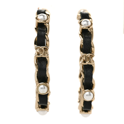Chanel Lambskin Pearl CC Chain Hoop Earrings Gold Black 1 of 4