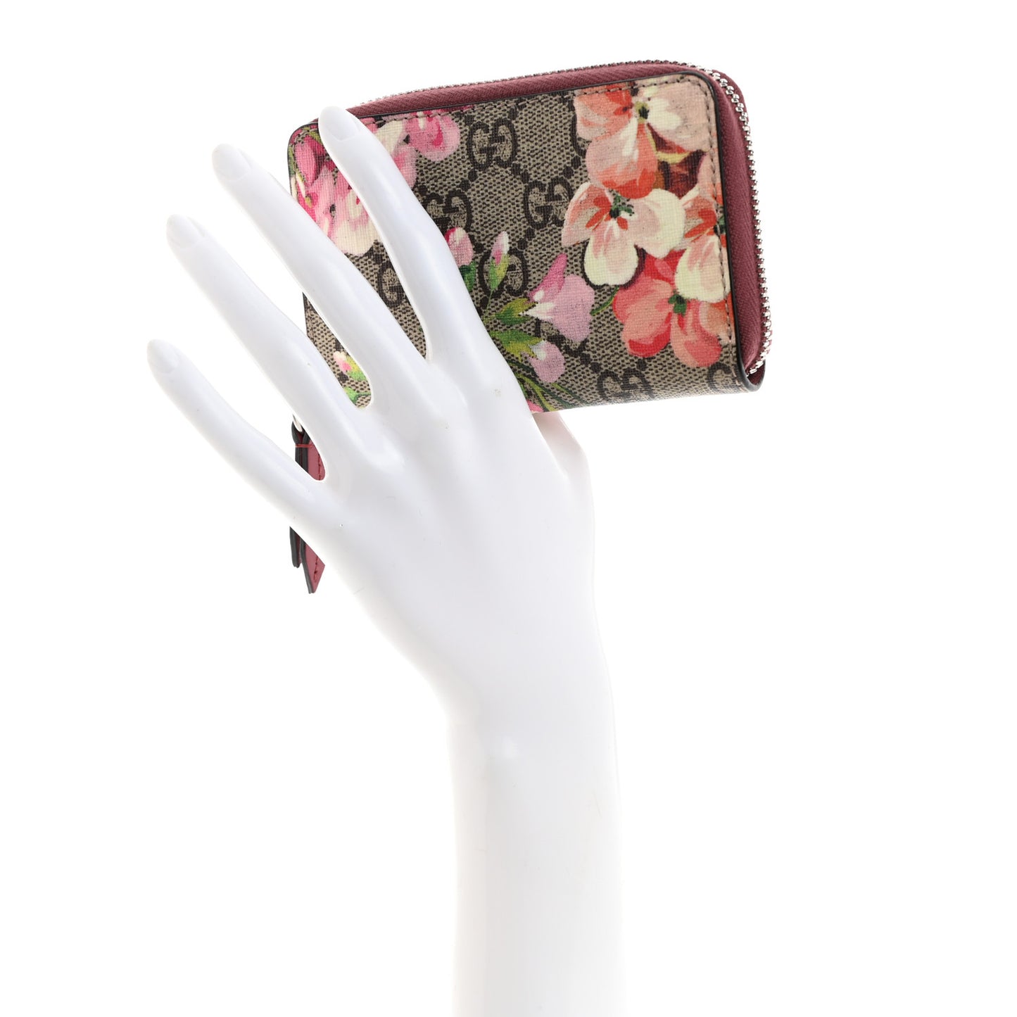 GG Supreme Monogram Blooms Zip Around Card Case Wallet Beige Multicolor Dry Rose