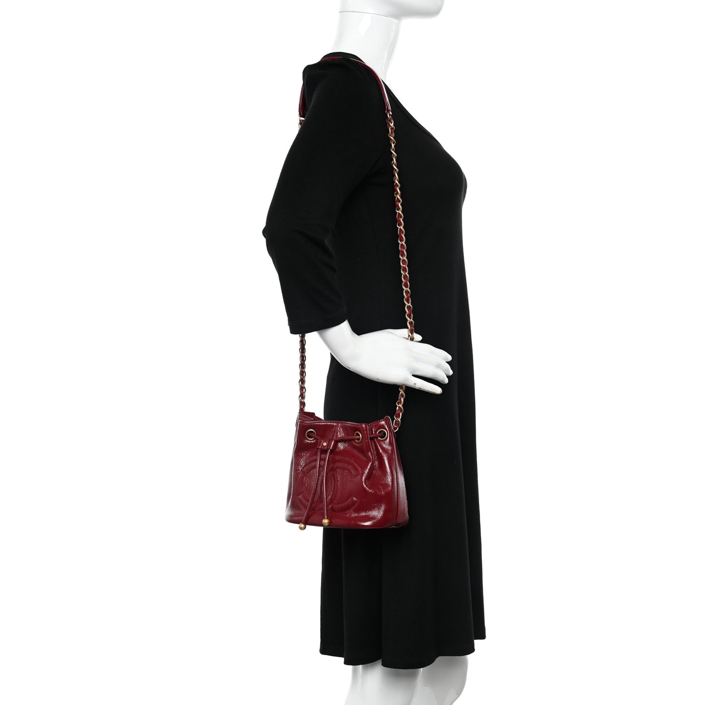 Shiny Aged Calfskin CC Chain Mini Drawstring Bag Red