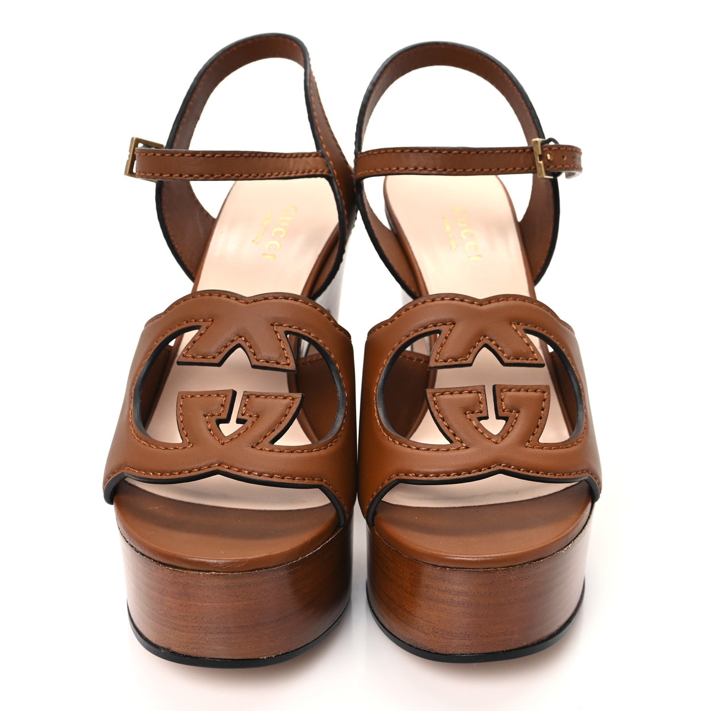Cosmos Softy Calfskin Wooden Interlocking G Cut-Out 30/120mm Platform Sandals 36 Cuir