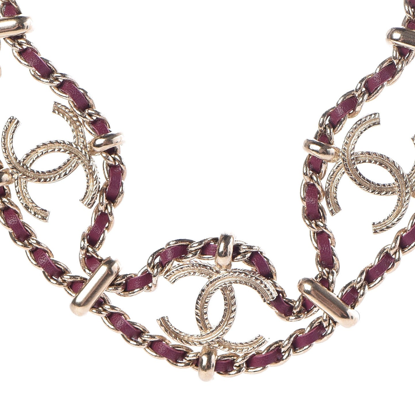 Metal Lambskin CC Chain Link Necklace Gold Dark Pink