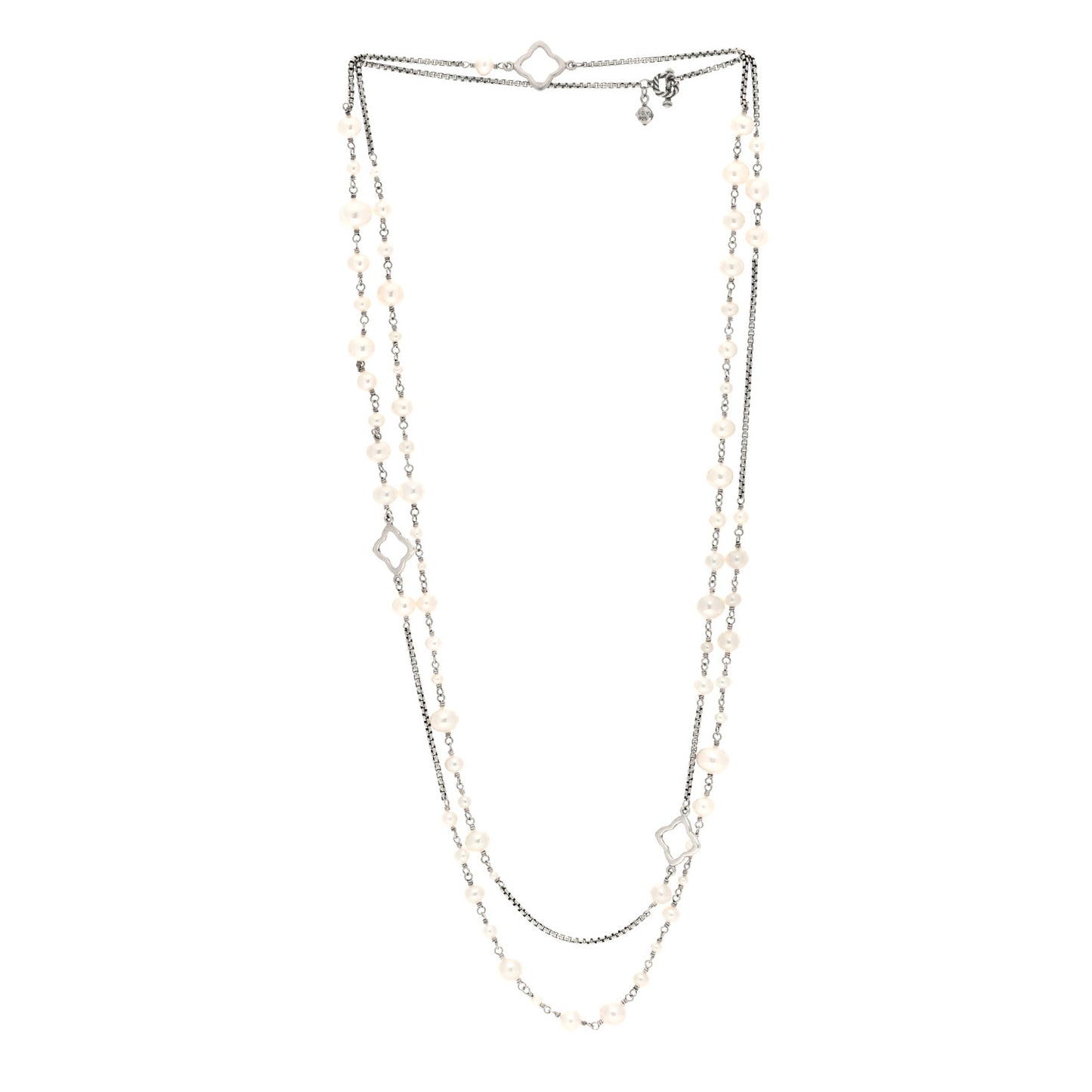 Sterling Silver Freshwater Cultured Pearl Quatrefoil Long Chain Necklace
