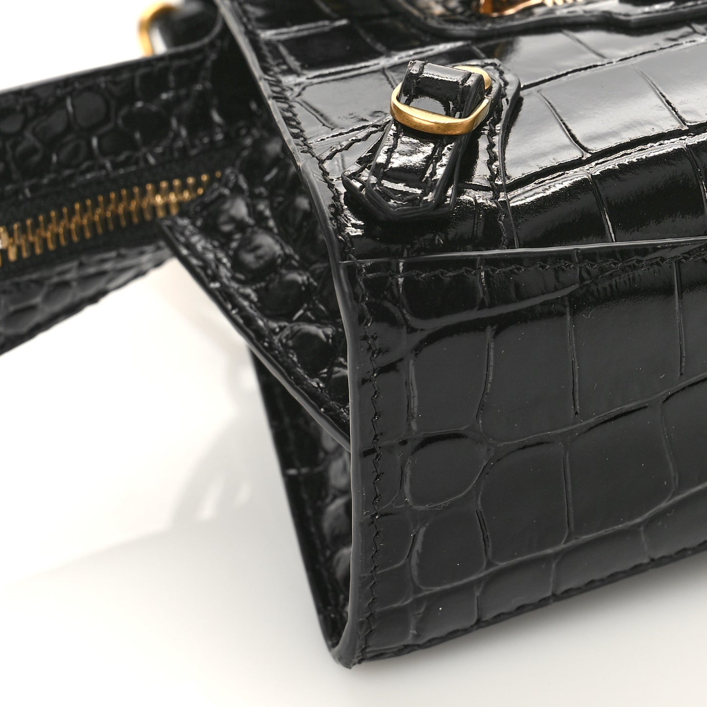 Shiny Supple Calfskin Crocodile Embossed Neo Classic Gold Hardware Nano City Crossbody Black